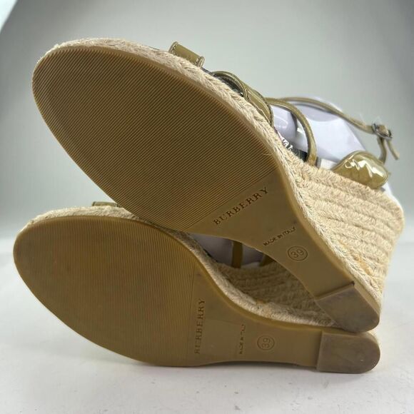 Burberry Nova Check Wedge Espadrilles US 8.5 Womens Beige Patent Strap Sandals - Picture 7 of 10